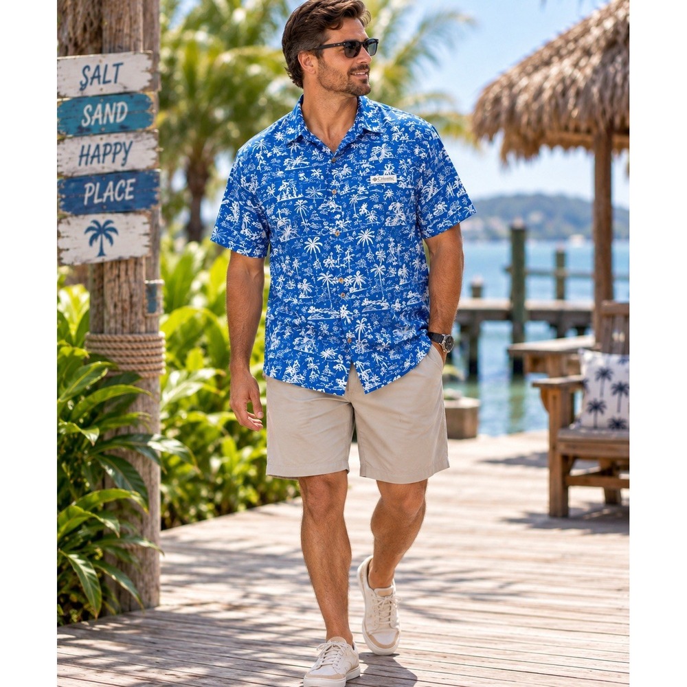 Columbia PFG Men XXL Blue Tropical Marlin Hawaiian Fishing Shirt XM0693